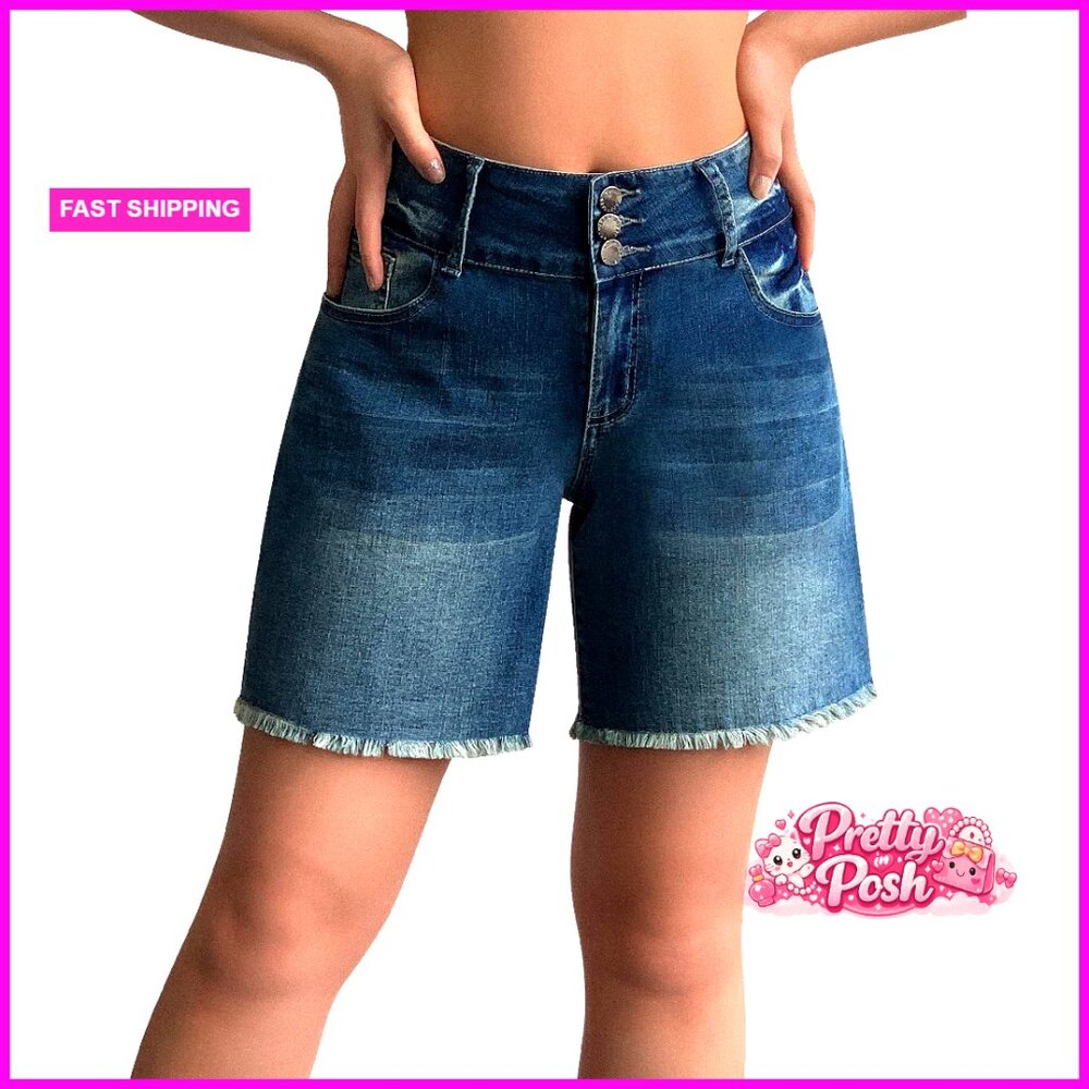 Stretchy Wide Leg High Waisted Frayed Hem Denim Jean Shorts